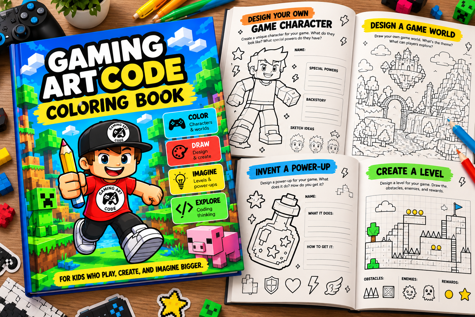 Concept artwork for a future Gaming Art Code coloring and activity book